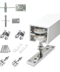 Parts of Heavy Duty Bifold Closet Door Hardware Kit Fits 48 To 96 Inch Tracks; aluminum rollers, brackets, and screws visible.