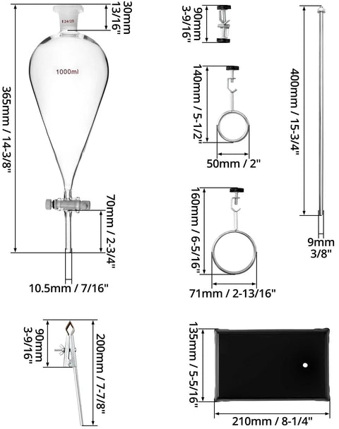 Beefy 1000ml Heavy Duty Conical Separating Funnel With 24 29 Joint PTFE Stopcock And Lab Distillation Support Rack For Stable Titration And Liquid Liquid Extraction, borosilicate glass dimensions