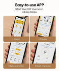 LaserPecker LP1 Pro engraving app on smartphone, four-step setup: Import, Preview, Set parameters, Start engraving