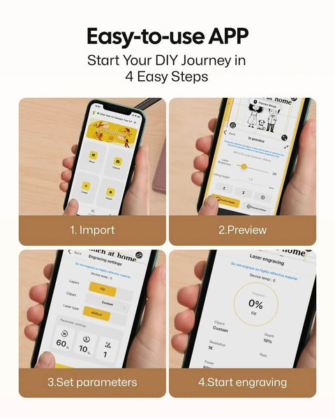 LaserPecker LP1 Pro engraving app on smartphone, four-step setup: Import, Preview, Set parameters, Start engraving