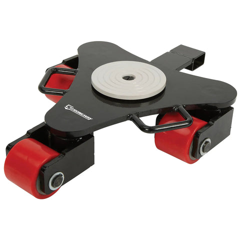 Strongway Heavy Duty Machinery Mover With 360 Degree Rotation Smooth Polyurethane Rollers featuring durable steel design and red polyurethane wheels.