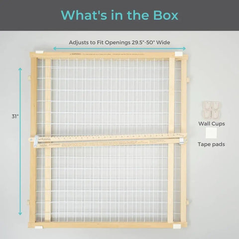 Extra Wide Wooden Baby Gate With Wire Mesh Pressure Mounted Gate for Doorways Adjustable 29.5 to 50 Inches Wide and 31 Inches Tall components