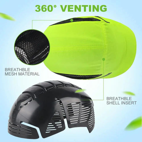 Lightweight Bump Cap With Baseball Cap Style showing breathable mesh material and ABS shell, ventilation for all day comfort.
