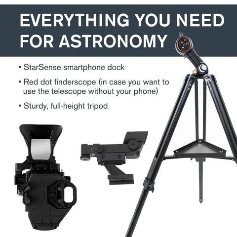 StarSense Explorer DX 130AZ App Enabled Telescope with smartphone dock, tripod, and finderscope for beginners.