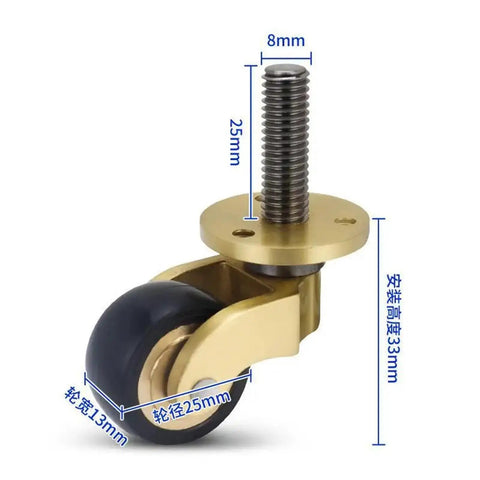 4PCS Vintage Solid Brass Casters - 1 Inch Threaded Stem Silent Swivel Wheels for Sofa/Chair/Furniture showing dimensions and detail.