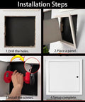 Heavy Duty Steel Access Panel Door installation steps, showcasing drilling, placing panel, and securing with screws.