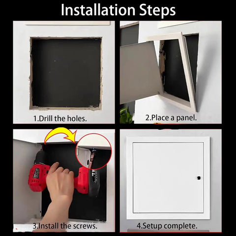 Heavy Duty Steel Access Panel Door installation steps, showcasing drilling, placing panel, and securing with screws.