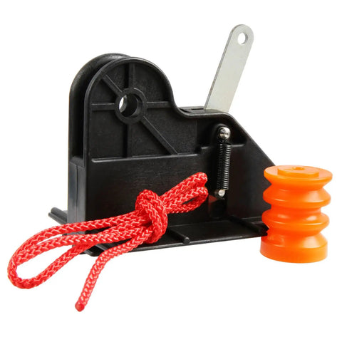 Screw Drive Carriage Pull Replacement For Garage Door Opener Plug And Play Durable Alloy Steel Fits Most Screw Drive Openers 36179RS 34107RS Aftermarket showing side view with red cord and orange accessory