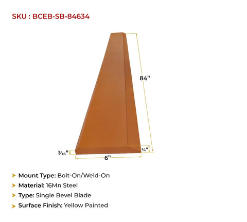 84 Inch Bucket Cutting Edge For Skid Steer And Loader With Bolt On Or Weld On Mount, 16Mn Steel, Yellow Painted Blade