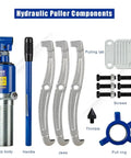 Bad Ass Heavy Duty Hydraulic Gear Puller Kit With Two Or Three Jaw Bearing Hub Separator Tool And One Hand Pump Oil Tube System Handles 15 Ton Capacity Work Like A Pro Job Site Ready For Tough Jobs. hydraulic puller components set with pump body, handle, jaws, screws, pull ring