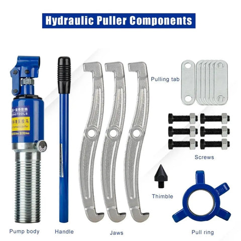 Bad Ass Heavy Duty Hydraulic Gear Puller Kit With Two Or Three Jaw Bearing Hub Separator Tool And One Hand Pump Oil Tube System Handles 15 Ton Capacity Work Like A Pro Job Site Ready For Tough Jobs. hydraulic puller components set with pump body, handle, jaws, screws, pull ring