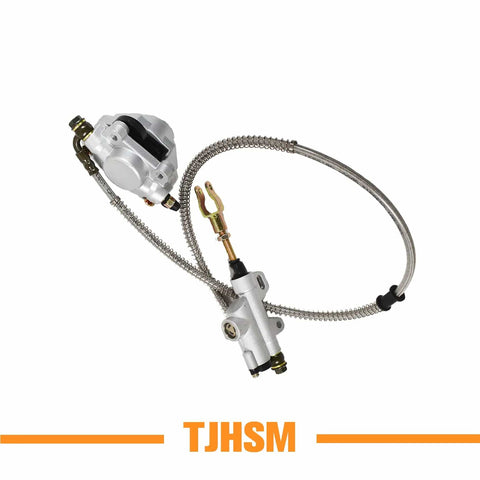 Metal hydraulic brake kit for go-karts or drift trikes, featuring a flexible brake line and silver caliper, side view.