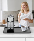 Silicone Coffee Mat 16 By 16 Inch Waterproof Heat Resistant Bar Mat For Espresso Machines Station Accessories No Slip Dish Drying Mat Kitchen Counter Black Home Decor Essentials on kitchen counter with espresso machine and mug