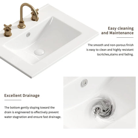 24 Inch Bathroom Vessel Sink, Ceramic Vanity Sink Top with Pre-Drilled Holes showing easy cleaning and excellent drainage features.