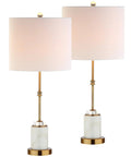27 Inch Marble And Brass Gold Table Lamps Set Of 2 With Crystal Column Design White Linen Drum Shades Lit Modern Glam Lighting