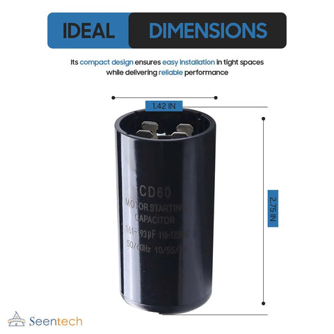 161-193 UF Round Motor Start Capacitor 110-125V AC 50/60Hz 1.42x2.75 inch size shown