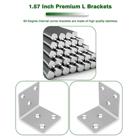 40 Pack 1.57 Inch Stainless Steel 304 Heavy Duty L Brackets With Slot 90 Degree Corner Shelf Brackets For Wood