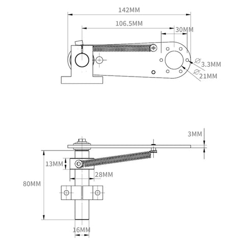Technical drawing of Adjustable Non Slip Aluminum Encoder Bracket For 38mm Encoders With 6mm Shaft, dimensions labeled