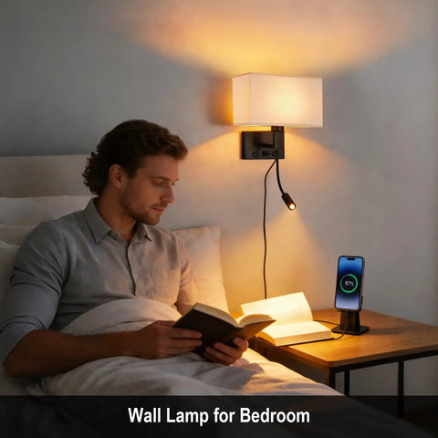 Hardwired Black Wall Sconce With USB Port and Reading Lamp in bedroom setting, linen shade, bedside table, man reading
