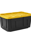 Heavy Duty Storage Totes With Secure Snap Fit Lids, 27 Gallon Stackable Plastic Bins, black and yellow storage bin for garage organization.
