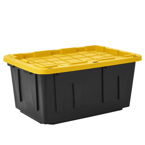 Heavy Duty Storage Totes With Secure Snap Fit Lids, 27 Gallon Stackable Plastic Bins, black and yellow storage bin for garage organization.