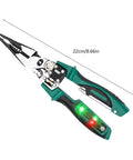 Heavy Duty Multifunction Wire Stripper And Electrical Crimper With Voltage Meter Rustproof Steel Frame Ergonomic Rubber Handles in 22cm size.