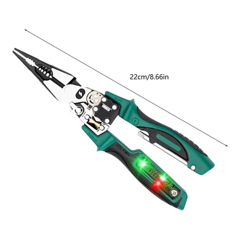 Heavy Duty Multifunction Wire Stripper And Electrical Crimper With Voltage Meter Rustproof Steel Frame Ergonomic Rubber Handles in 22cm size.