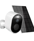 Outdoor Security Camera 2K QHD with Color Night Vision and solar panel, weatherproof IP66, mounted on wall.