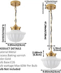 Schoolhouse Pendant Light Fixture 9 Inch Brass Gold Milk Glass Shade Adjustable Mid Century Ceiling Pendant with dimensions.