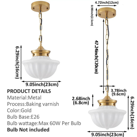 Schoolhouse Pendant Light Fixture 9 Inch Brass Gold Milk Glass Shade Adjustable Mid Century Ceiling Pendant with dimensions.