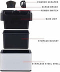 Electric Portafilter Cleaner components: main unit, storage bucket, powder scraper, scrub brush, stainless steel shell for quick cleanup.