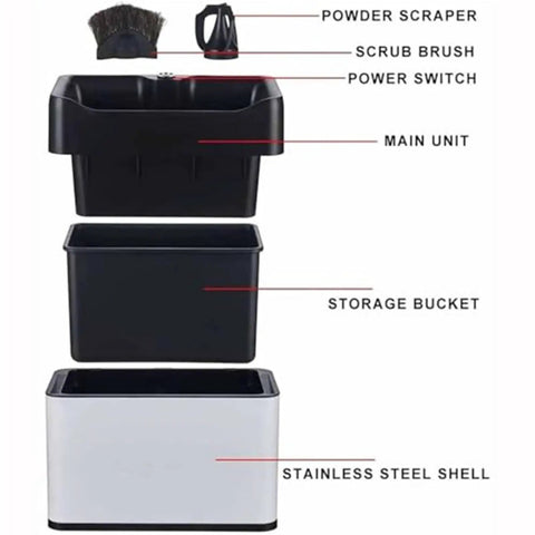 Electric Portafilter Cleaner components: main unit, storage bucket, powder scraper, scrub brush, stainless steel shell for quick cleanup.