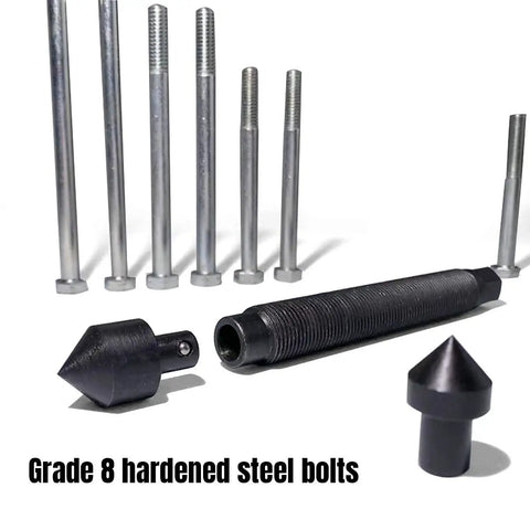Components of 46Pcs Harmonic Balancer Puller Set With Steering Wheel Flywheel Crankshaft And Pulley Pullers, showing steel bolts and threaded rod.