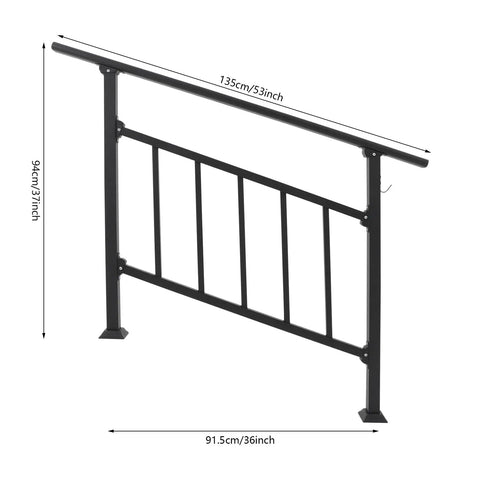 Kickass Four Step Stair Railing With Metal Fence For Indoor And Outdoor Steps Heavy Duty Steel Handrail showing dimensions of 135cm width and 94cm height.