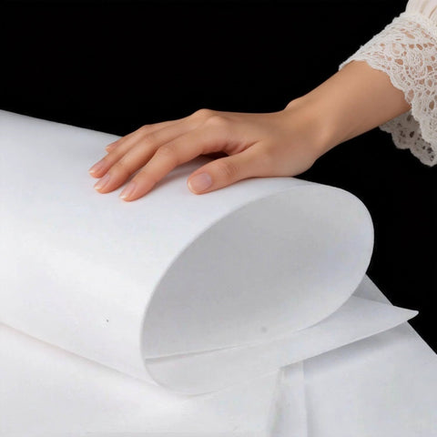 Hand holding 8 by 12 inch white PTFE virgin sheet 1.5mm thick nonstick heat resistant Teflon sheet for baking and DIY craft projects.