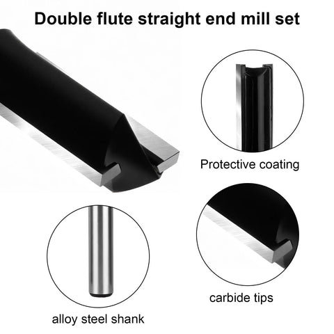 7 Piece Straight Router Bit Set With 1/4 Inch Shank Plunge Top Bearing Flush Trim Bits For DIY Woodworking Includes Cut Diameters 1/8 5/32 3/16 1/4 5/16 3/8 1/2 Inches And Heights 1/2 3/4 1 1-3/16 Inches, alloy steel shank with carbide tips