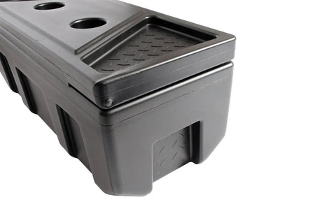 Beefy Poly Plastic Storage Chest With Double Wall Lid And Built In Cup Holders With Secure Locking Tabs For Truck Bed Hauling And Gear Stash Thirty Five Inch Organizer