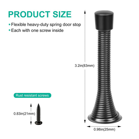 Heavy Duty Spring Door Stops 6 Pack Matte Black Wall Mount Blockers With Cushioned Rubber Bumpers To Knock Slamming Flat And Act As A Quick Wall Saver Today, shown with dimensions.
