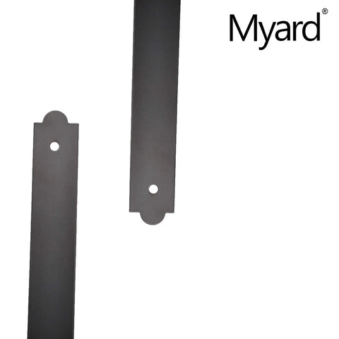 Close-up of two matte black 29-1/2 Inch Built Tough Flat Straight Iron Deck Balusters For Wood And Composite Facemount Deck Railing