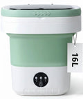 Totally Foldable Hella Portable Washing Machine With Heavy Duty Spin Basket And Three Fast Wash Cycles Super Compact 16 Liter Mini Laundry Drum in soft green and white.