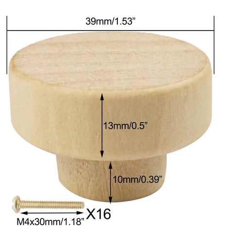 16 Pack Wood Cabinet Knobs 1.53 Inch Flat Top Round Dresser Drawer Knobs Unfinished Furniture Pull Handles Cupboard Door Hardware 39mm Diameter For DIY Upgrades With Screws, showing dimensions and screw example.