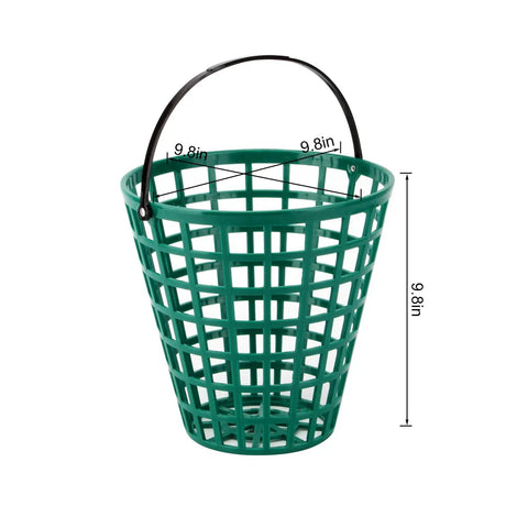 Two Pack Golf Ball Basket With Handle Made From Durable ABS Non Rolling Flat Sided Ball Holder For Practice Balls Easy Storage And Portability Stadium Ready Golf Ball Storage Buckets shown with dimensions.