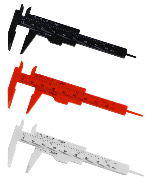 Mini Plastic Vernier Caliper Set 0 To 3 Inches 0.05mm Precision Double Scale Sliding Gauge For Inside Outside Step Depth Portable Measuring Tool For DIYers And Mechanics, black, red, and white calipers