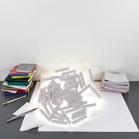 50 White Cylinder Eraser Refills 5x25mm for Mechanical Pencils scattered on desk with paper and pens