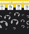 Stainless Steel E Clip Assortment Kit With 14 Sizes For DIY And Mechanical Repairs External Retaining Rings In 1.5 To 15 Mm displayed on black