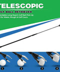 Telescoping Golf Ball Retriever With Fifteen Foot Reach Lightweight Aluminum Shaft For Water Hazards Easy Bag Storage Quick Ball Pickup Grab Balls In Style With This Pro Grade Golf Accessory shown fully extended with close-ups grabbing golf balls.
