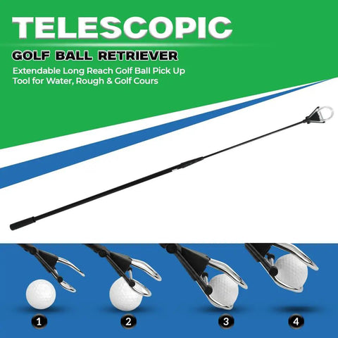 Telescoping Golf Ball Retriever With Fifteen Foot Reach Lightweight Aluminum Shaft For Water Hazards Easy Bag Storage Quick Ball Pickup Grab Balls In Style With This Pro Grade Golf Accessory shown fully extended with close-ups grabbing golf balls.