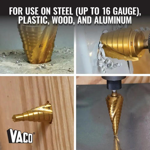 Heavy Duty Step Drill Bit Set For DIY With Spiral Double Fluted Titanium Nitride Coated Bits, Pro Grade Four Piece From Half Inch To One And Three Eighths Inch Sizes, Quarter Inch Shank, In Rugged Carry Case Klein Tools in use on various materials.