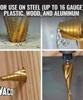 Step Drill Bit Set For Thin Metal Plastic Aluminum And Wood Seven Eighths To One And Three Eighths Inch Double Spiral Flutes For Fast Cutting Titanium Nitride Coating Heat Dissipation Quarter Inch Hex Shank By Klein Tools, shown in use on wood and metal, close-up view.