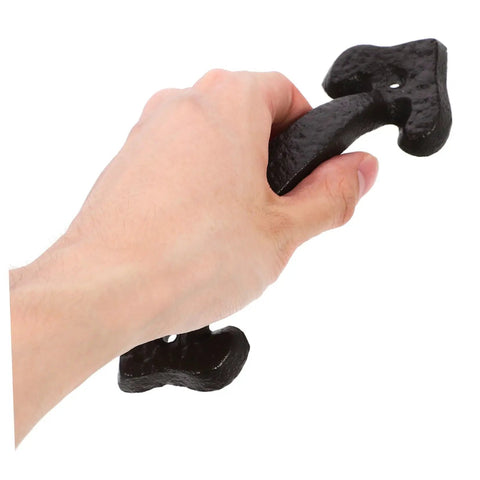Hand holding Retro Style Cabinet Door Pull Handles 1 Set Sturdy Furniture Grips For Cabinets Closets And Dressers Vintage Design Easy To Open No Burrs For A Comfy Touch, showing textured black metal design.